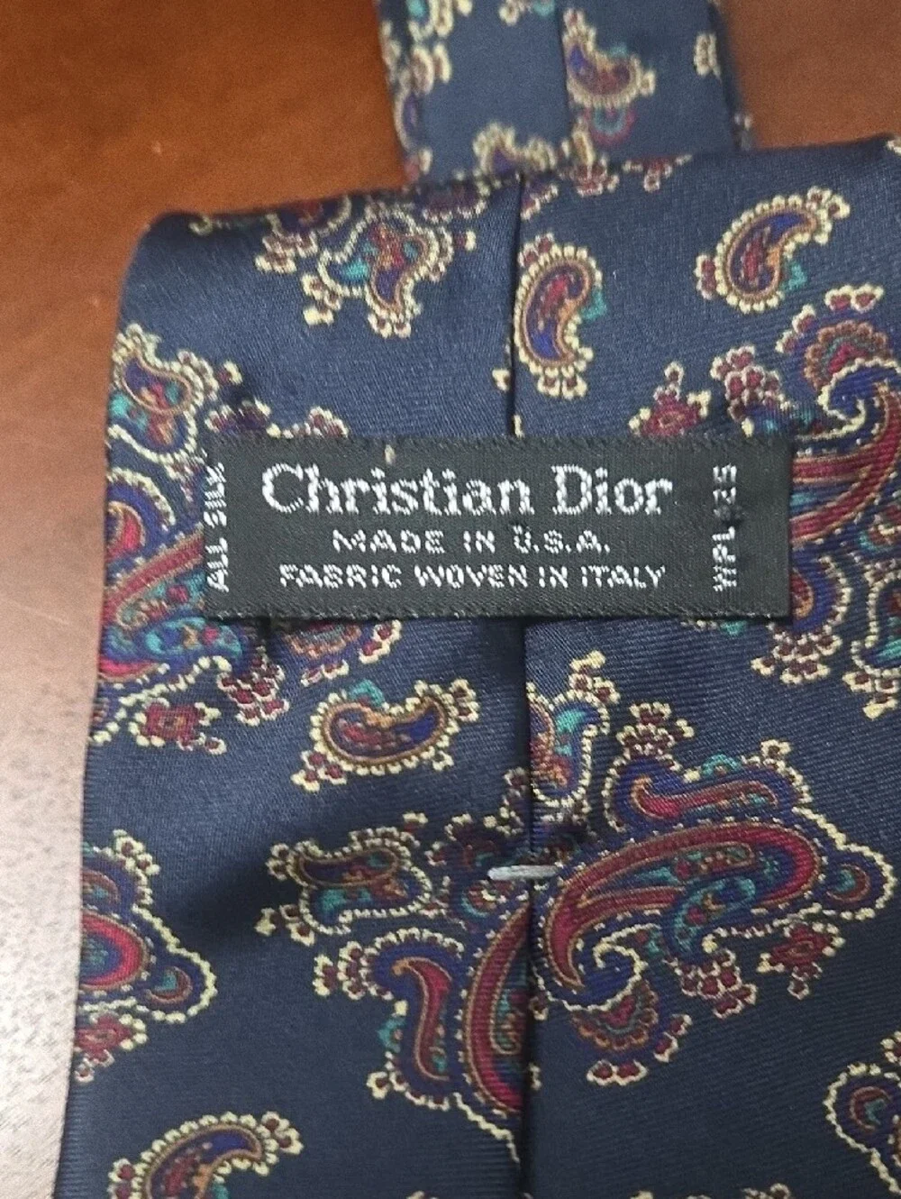 Dior Navy Silk Tie with Red and Gold Paisley